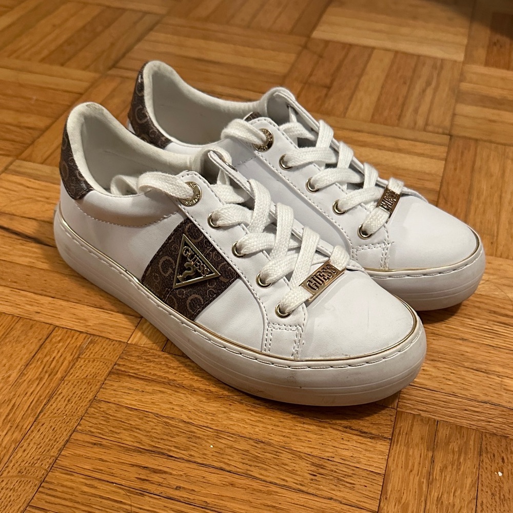 Guess White and Brown Sneakers with Gold Details
